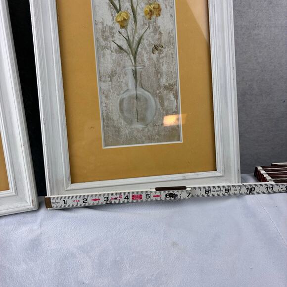 Cheri Blum Yellow Tulips in Vase Painting White Framed 9x18 Cracked Linen Set 2 - Picture 8 of 9